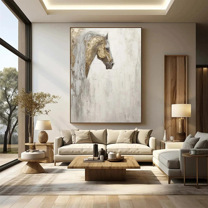 Gold Leaf Horse Picture Dafeng Village Painting 100% Handmade Abstract Oil Painting Canvas Wall Art For Home Decoration Unframed